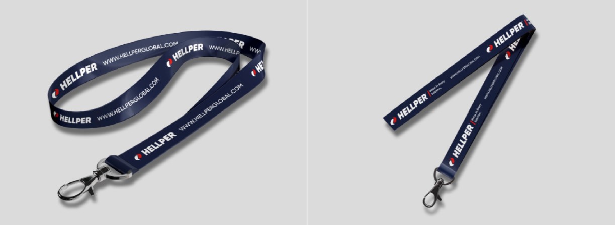 Hellper branded lanyard with logo and website