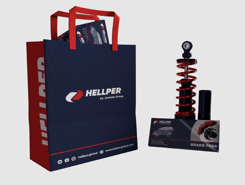 Hellper branded shopping bag and product display packaging